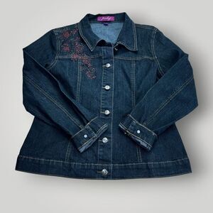 Jeanbay Women’s Denim Jacket Size L Dark Blue Pink Floral Embroidery Button Up